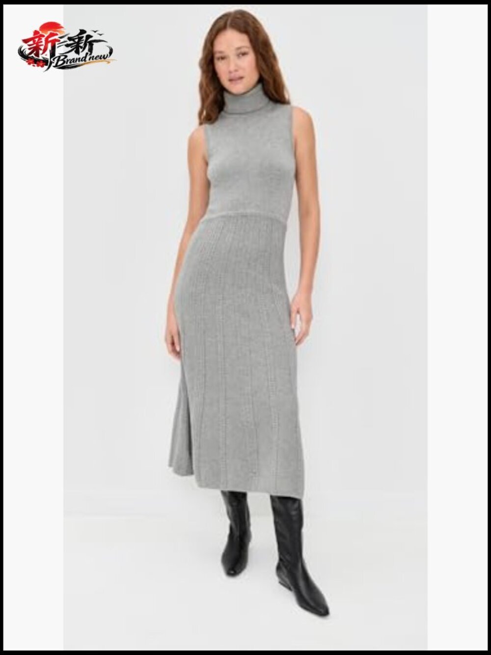 Mid-weight Stretch Knit Fit & Flare Midi Dress with Turtle Neck - Picture 2 of 6